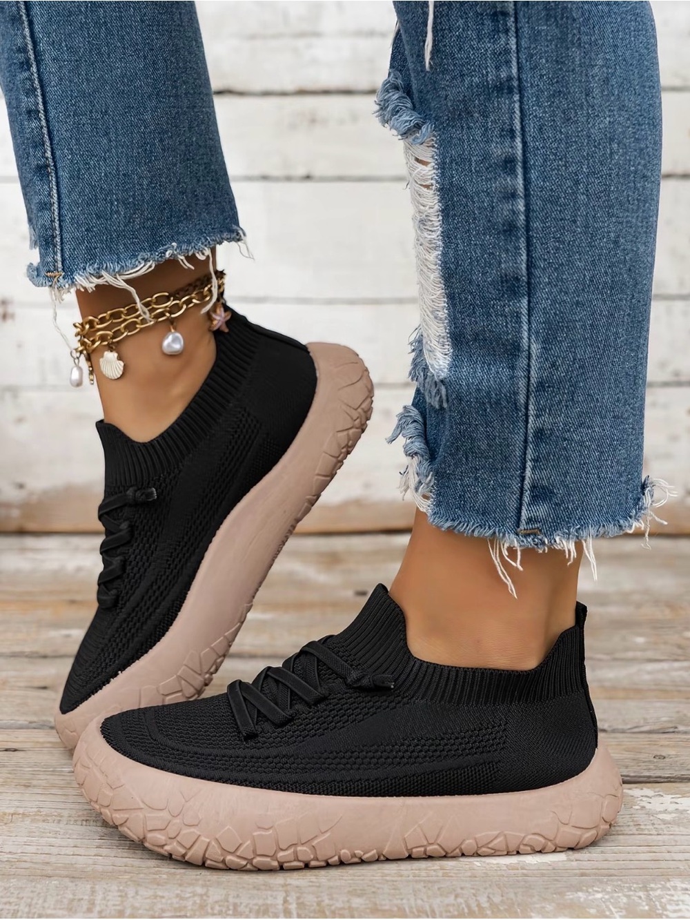 Women’s Black Knit Slip-On Sneakers with Beige Sole
